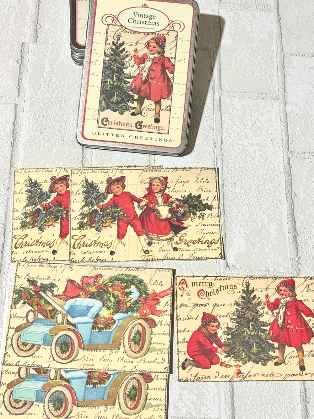 Cavallini 5 Cards & Vintage Theme Christmas Glitter Tin & Holiday Post Card Set